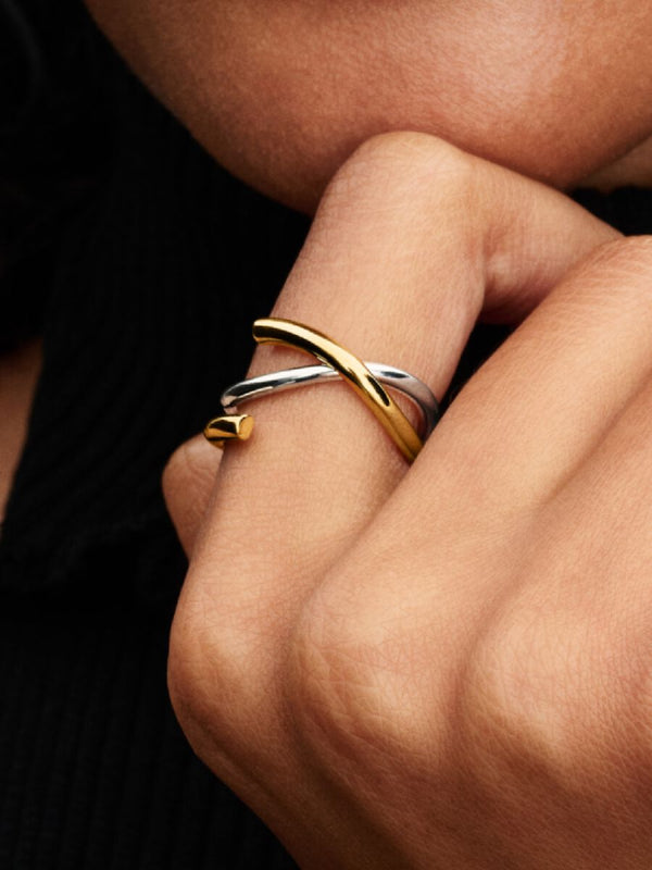 Organisch Geformter Bicolor Doppelring Sterling-Silber, 14 Karat Vergoldung