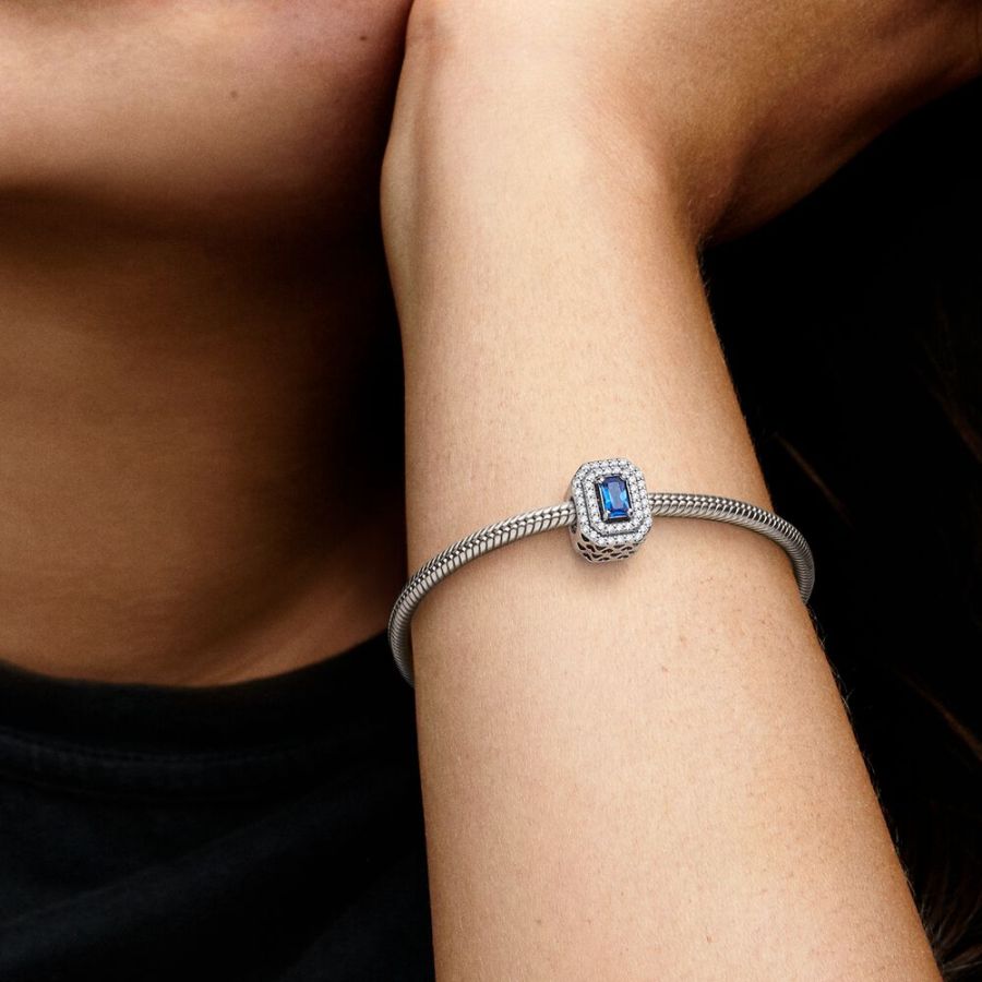 Charm Funkelnd Blaues Mehrstufiges Rechteck Silber
