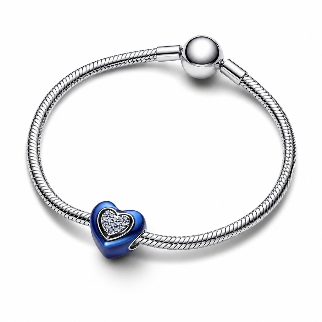 Charm Blaues Drehbares Herz Kristalle Silber
