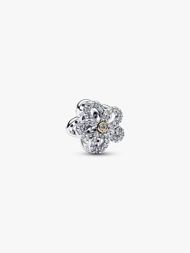 Pavé Blume Offen gearbeitetes Charm Sterling-Silber, 14 Karat Vergoldung