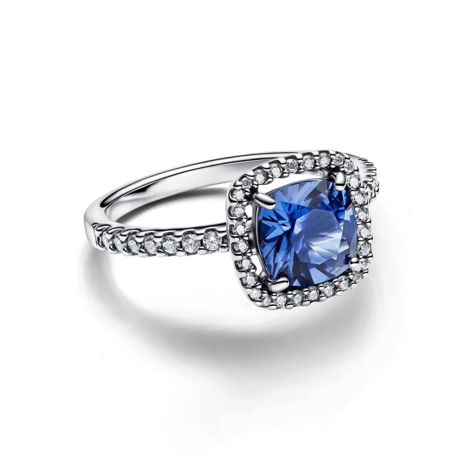 Ring Funkelnder Eckiger Blauer Strahlenkranz Silber