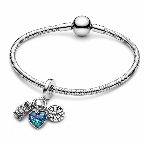 Charm-Anhänger Kamera Herz & Kompass Sterling-Silber