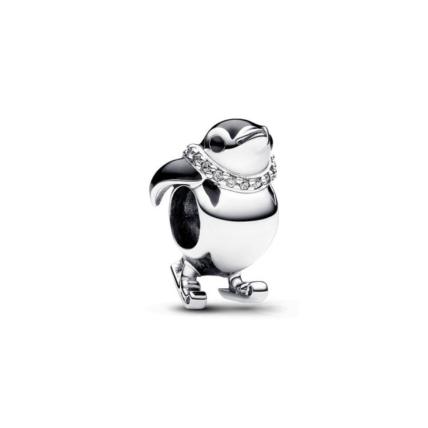 Charm Ski-Pinguin Emaille Schwarz Zirkonia Weiß Silber