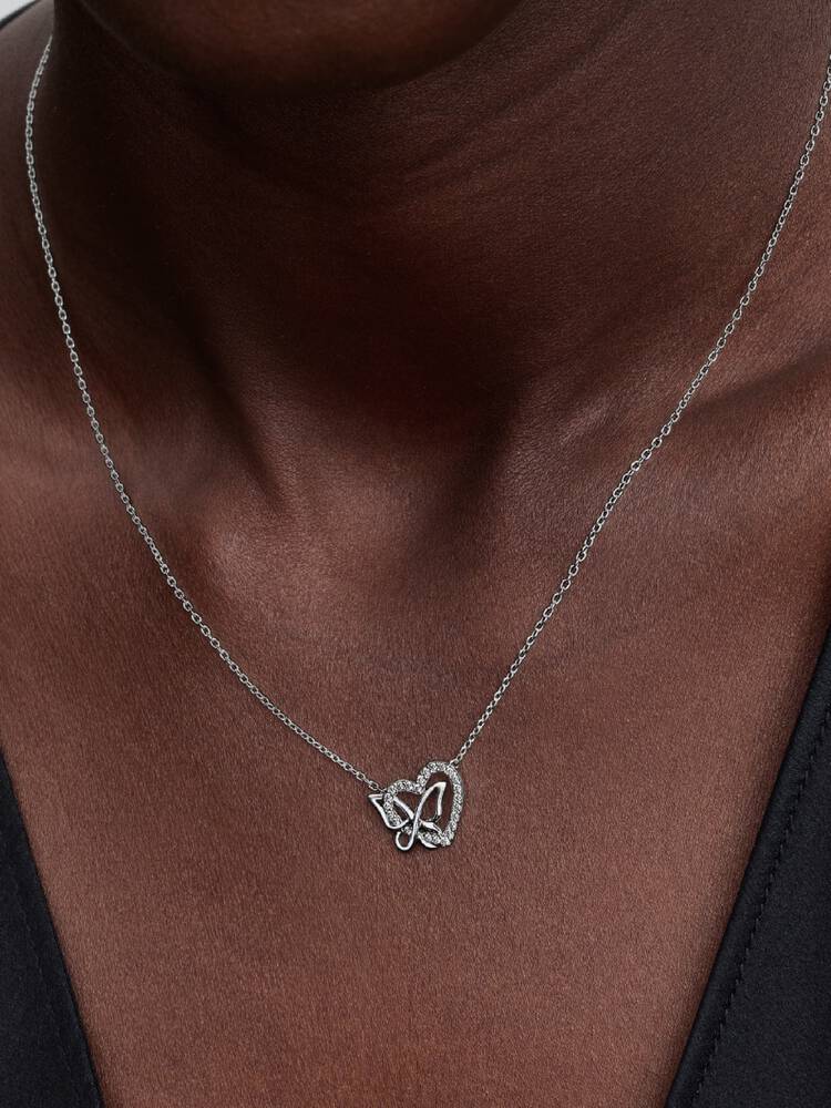 Verschlungenes Herz und Schmetterling Anhänger-Halskette Sterling-Silber Zweitbild