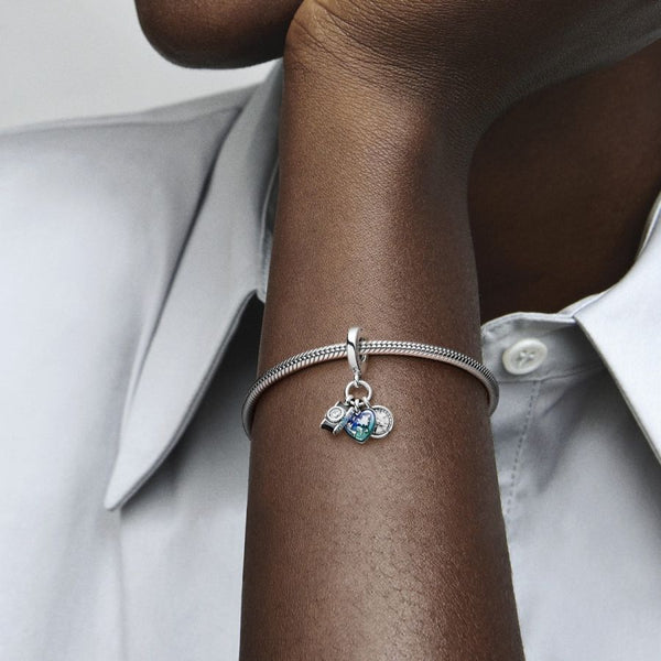 Charm-Anhänger Kamera Herz & Kompass Sterling-Silber