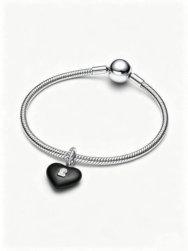 Mattschwarzes Keramik-Herz Vorhängeschloss Charm-Anhänger Sterling-Silber