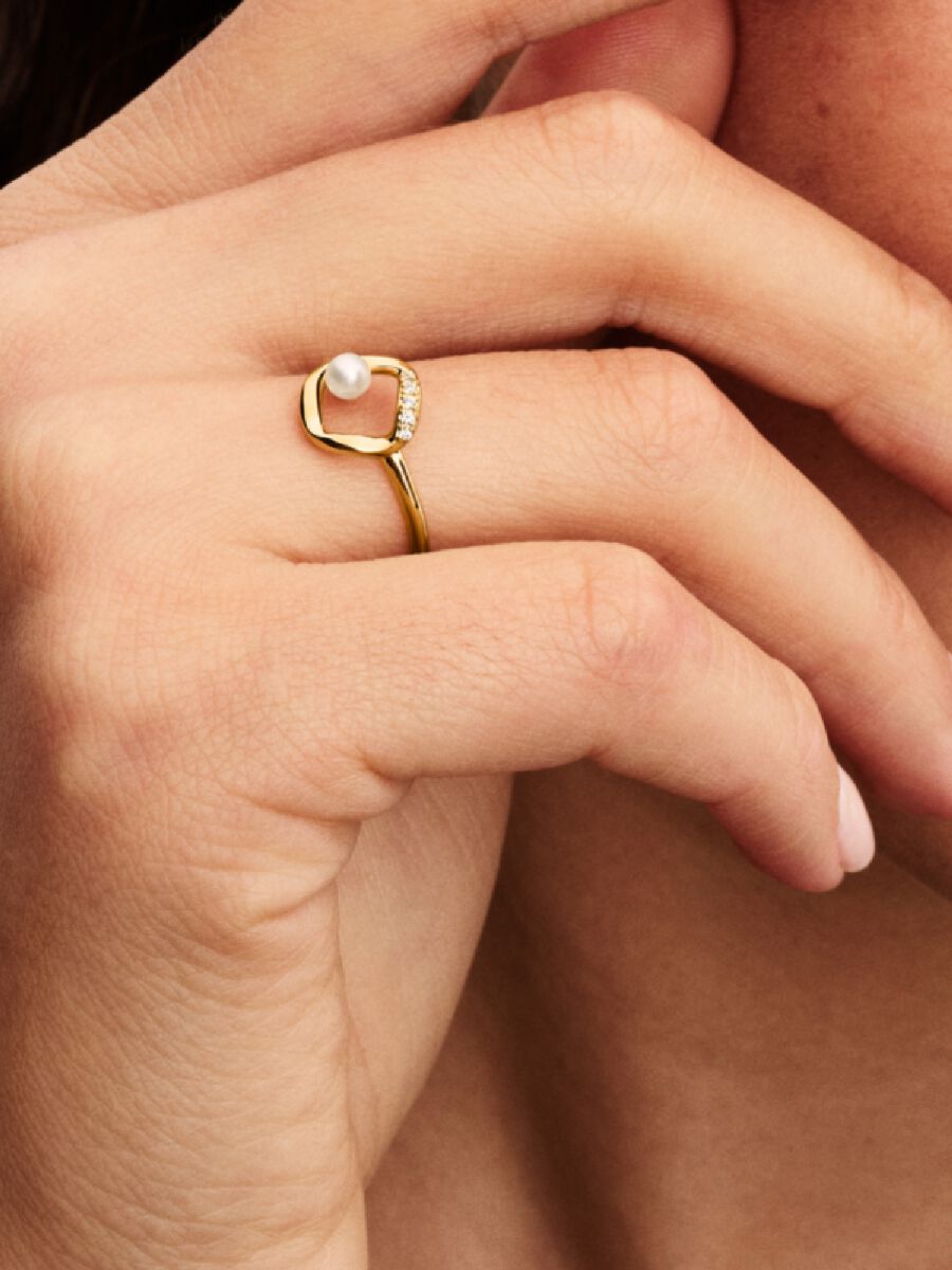 Organisch Geformter Pavé Kreis & Behandelte Süßwasserzuchtperle Ring 14 Karat Vergoldung Zweitbild