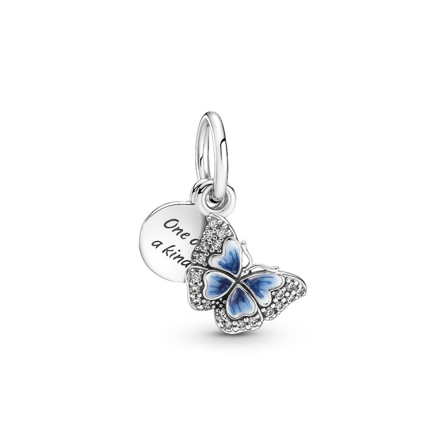 Charm-Anhänger Blauer Schmetterling & Spruch Doppelter Silber Hauptbild