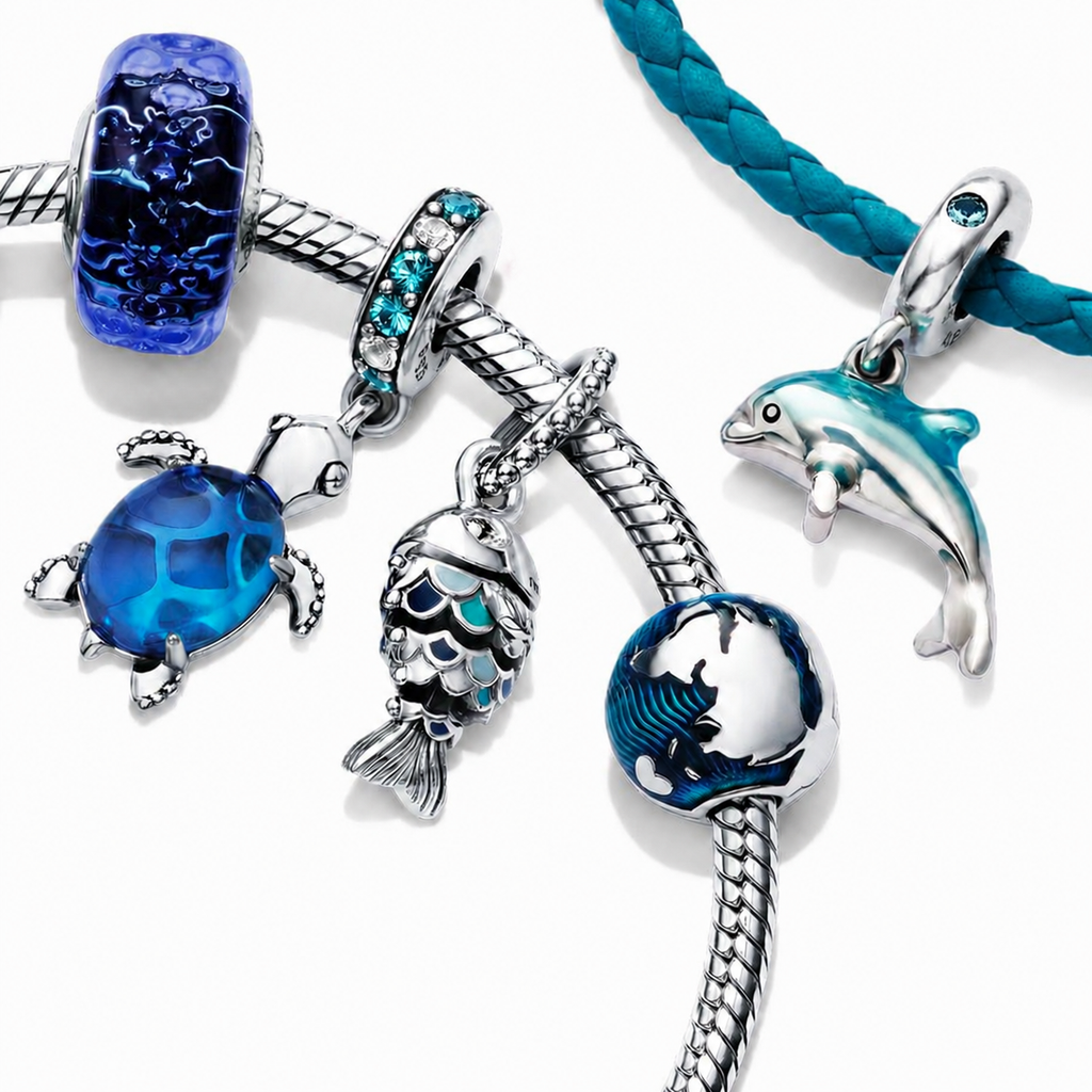 Charm Murano Glas Welliges dunkelblaues Ozean Sterling-Silber