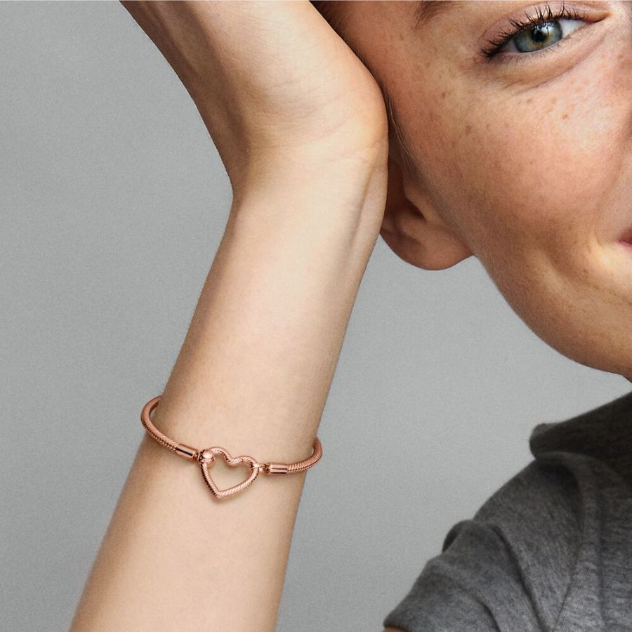 Schlangen-Gliederarmband Moments Herzverschluss 14k Roségold