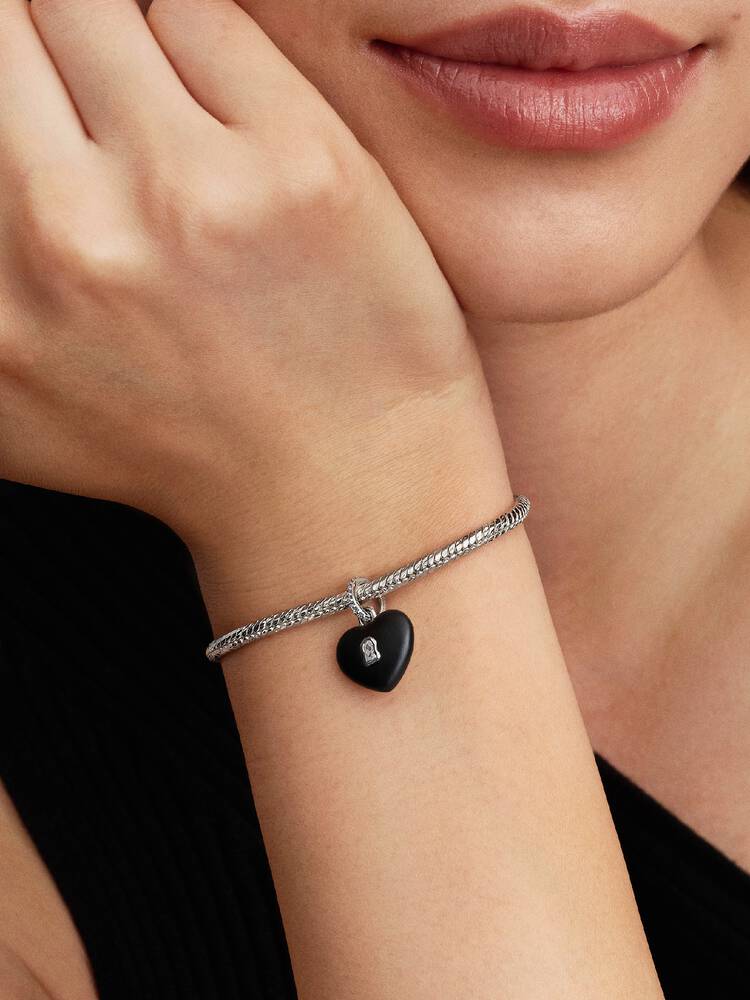 Mattschwarzes Keramik-Herz Vorhängeschloss Charm-Anhänger Sterling-Silber Zweitbild