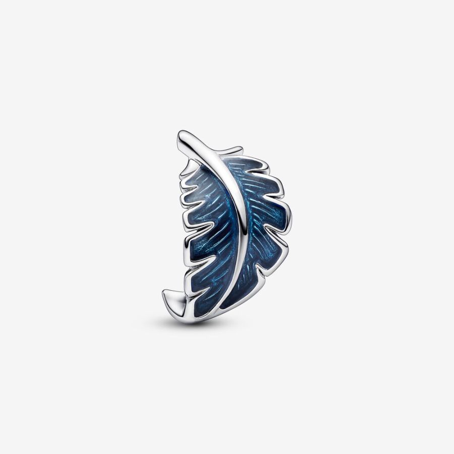 Charm Blaue geschwungene Feder Sterling-Silber