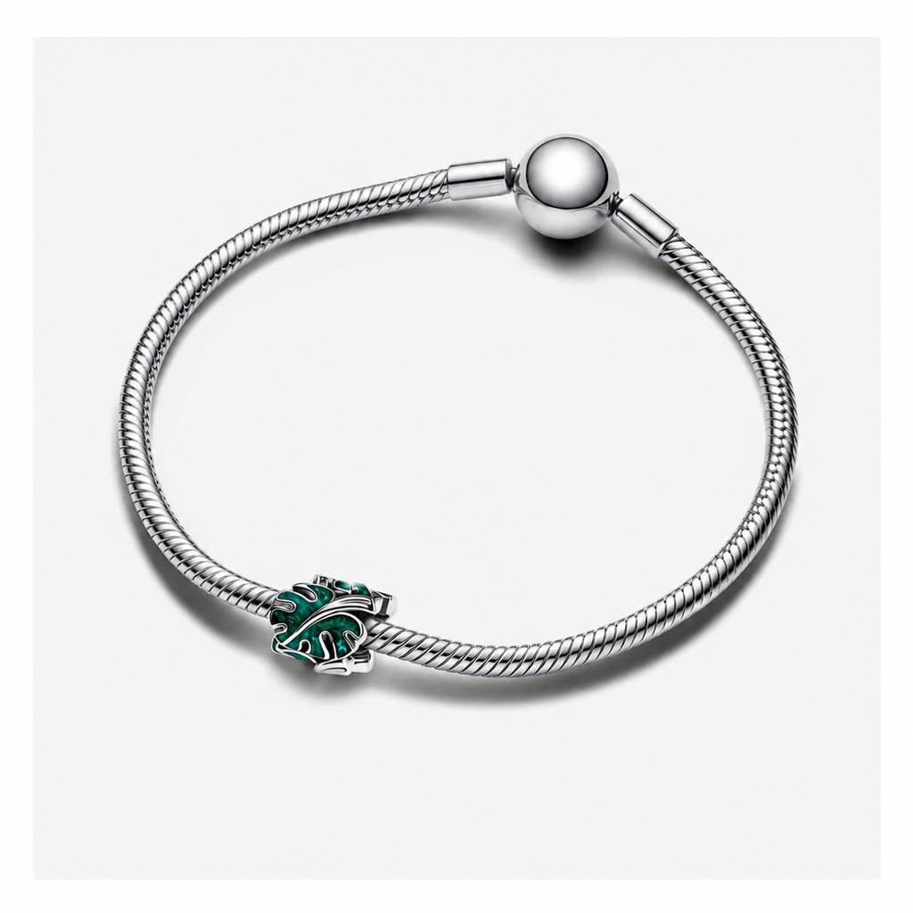 Charm Monstera Blätter Emaille Grün Silber