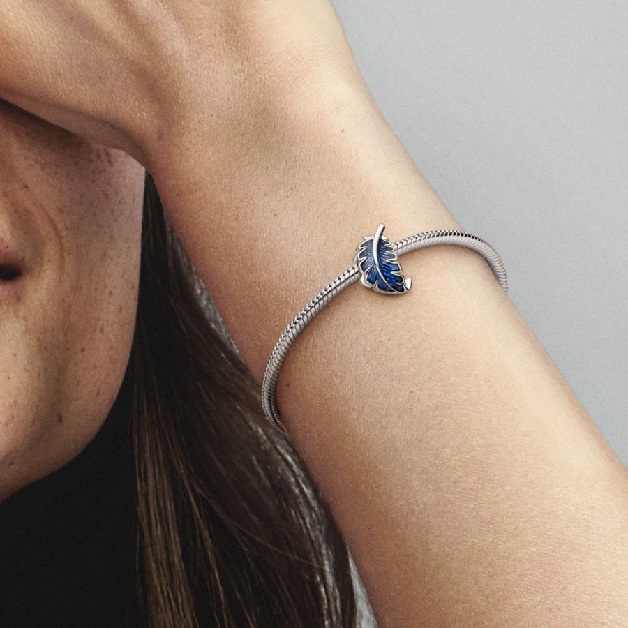 Charm Blaue geschwungene Feder Sterling-Silber