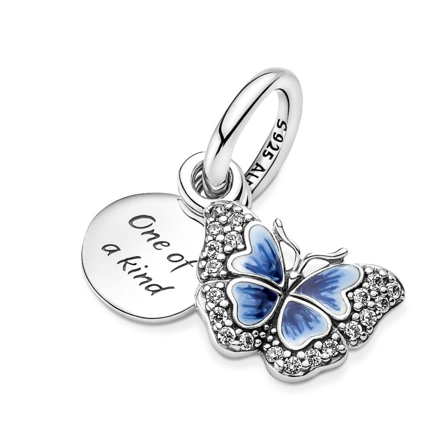 Charm-Anhänger Blauer Schmetterling & Spruch Doppelter Silber