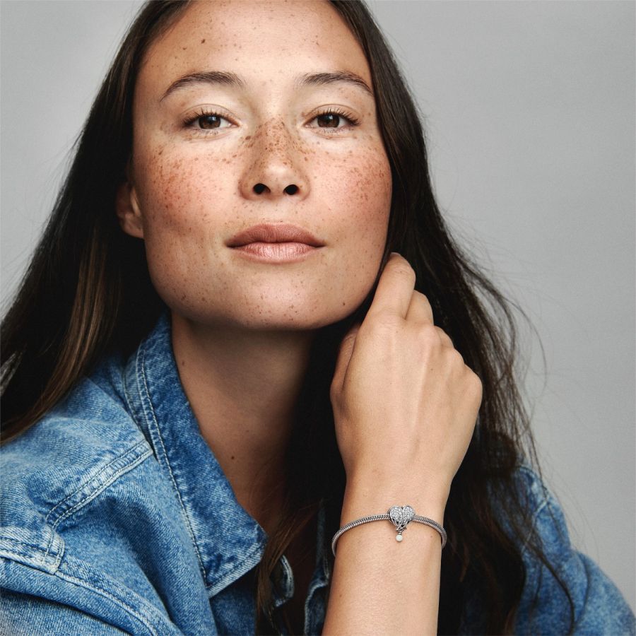 Charm Funkelnde Engelsflügel & Herz Zirkonia Opal Silber